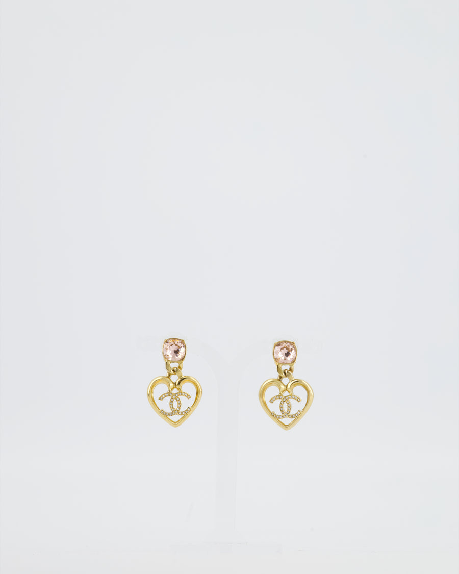 Chanel 23C Gold Heart Pendant Earrings with Pink Stone & Crystal CC Detail