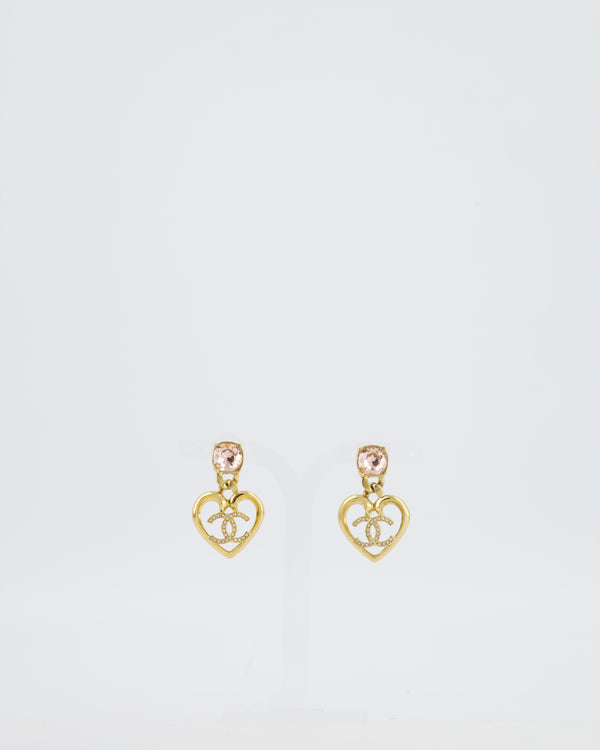 Chanel 23C Gold Heart Pendant Earrings with Pink Stone & Crystal CC Detail