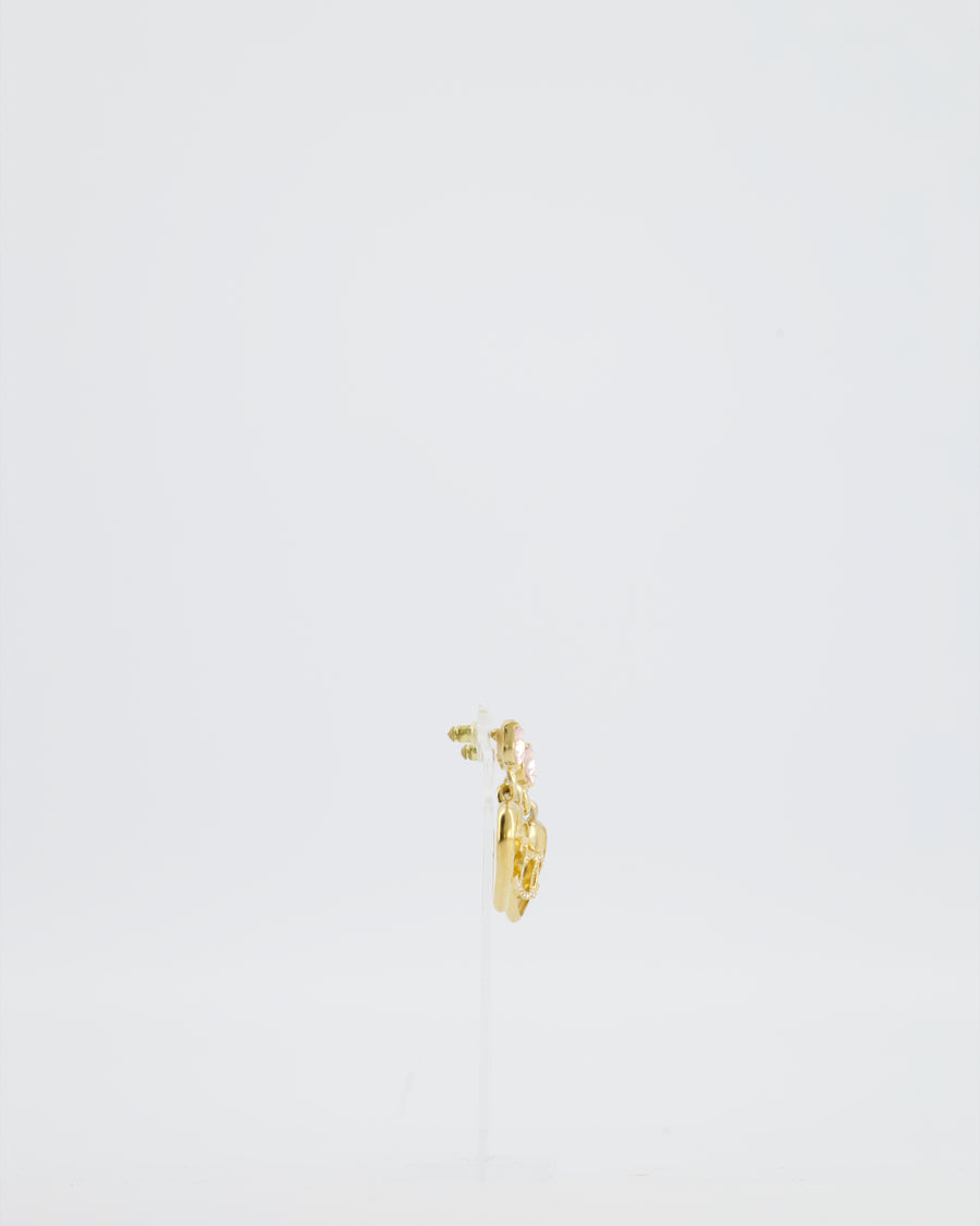 Chanel 23C Gold Heart Pendant Earrings with Pink Stone & Crystal CC Detail