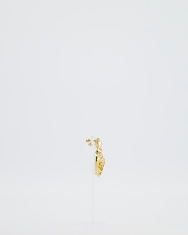 Chanel 23C Gold Heart Pendant Earrings with Pink Stone & Crystal CC Detail