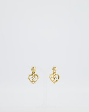 Chanel 23C Gold Heart Pendant Earrings with Pink Stone & Crystal CC Detail