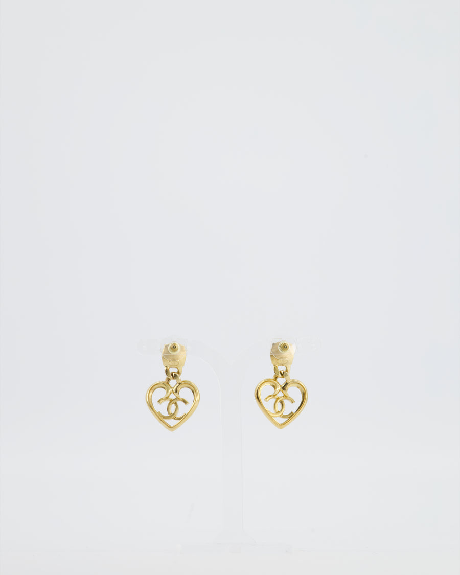 Chanel 23C Gold Heart Pendant Earrings with Pink Stone & Crystal CC Detail