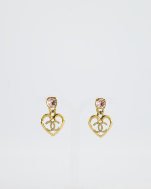Chanel 23C Gold Heart Pendant Earrings with Pink Stone & Crystal CC Detail