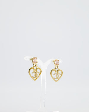 Chanel 23C Gold Heart Pendant Earrings with Pink Stone & Crystal CC Detail