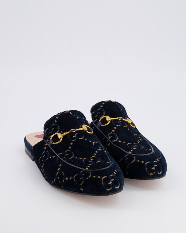 Gucci Navy Suede GG Embroidered Logo Mules with Gold Hardware Size EU 38