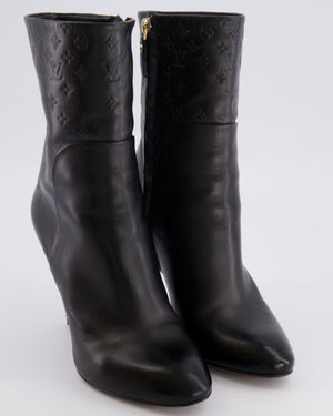 Louis Vuitton Black Leather Heeled Ankle Boots with Embossed Monogram Detail Size EU 38