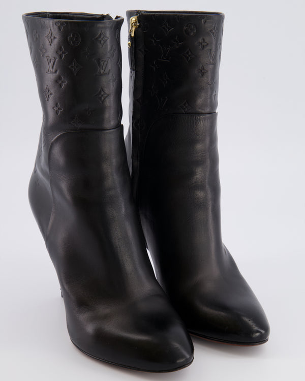 Louis Vuitton Black Leather Heeled Ankle Boots with Embossed Monogram Detail Size EU 38