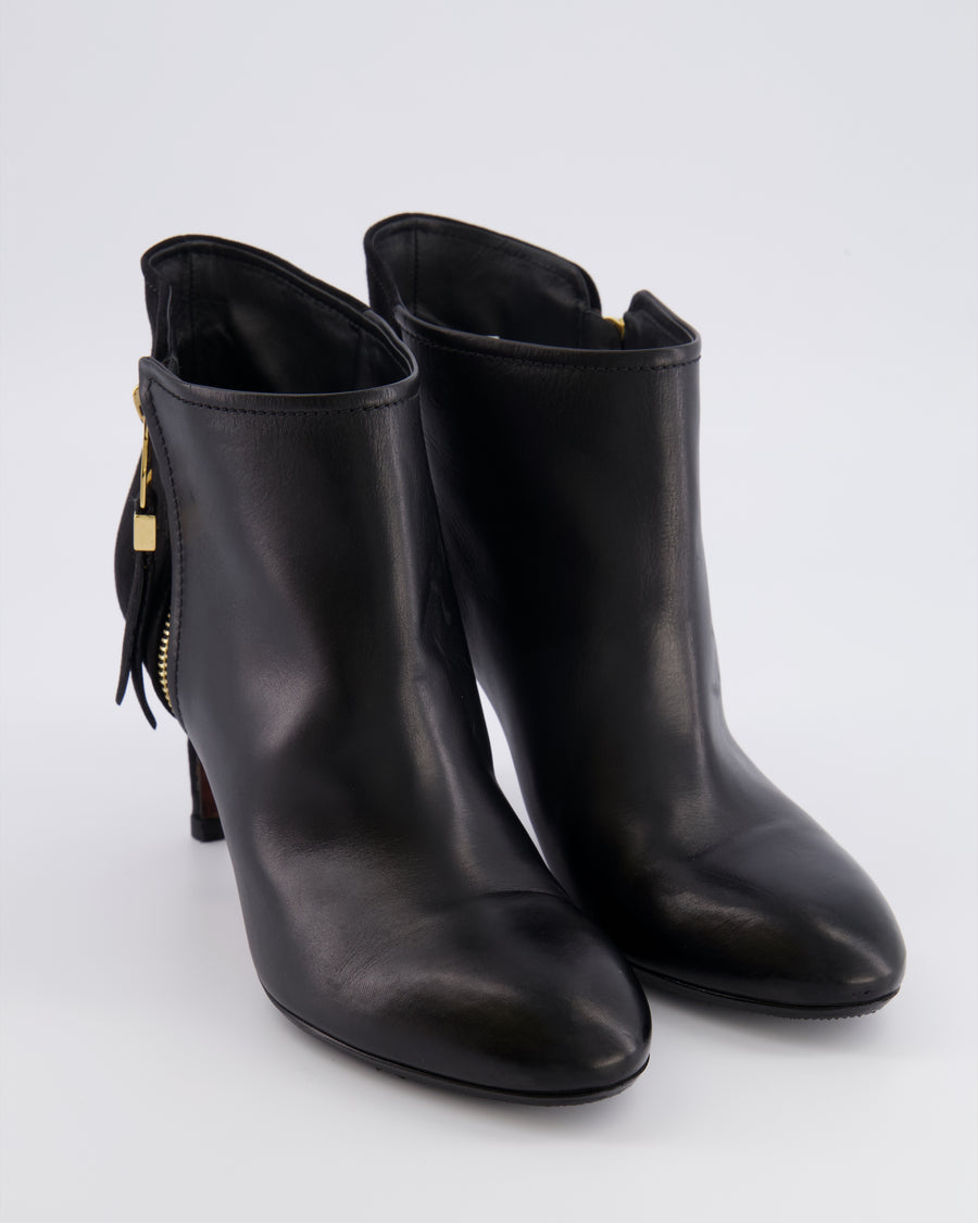Lous Vuitton Black Leather and Suede Heeled Ankle Boots with Gold Logo Zip Detail Size EU 38