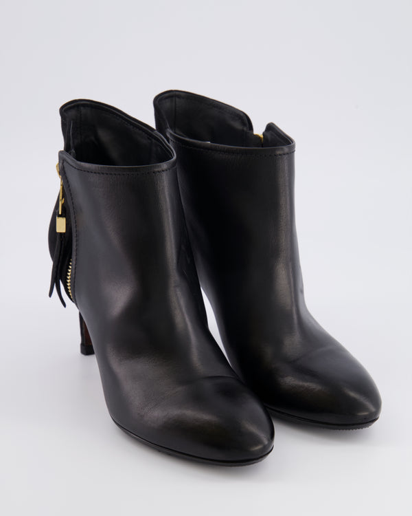 Lous Vuitton Black Leather and Suede Heeled Ankle Boots with Gold Logo Zip Detail Size EU 38