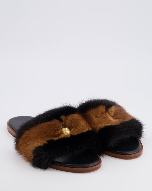 Louis Vuitton Brown and Black Mink Fur Slides with Gold Lock Detail EU 38