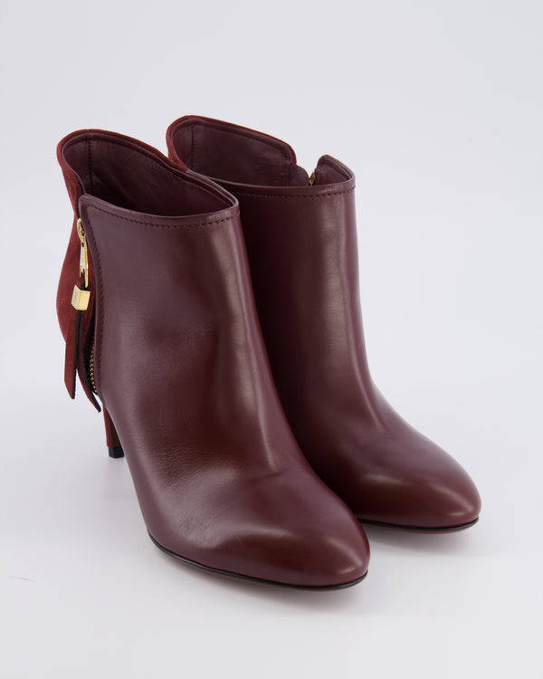 Louis Vuitton Burgundy Leather and Suede Heeled Ankle Boots with Gold Logo Zip Size EU 38