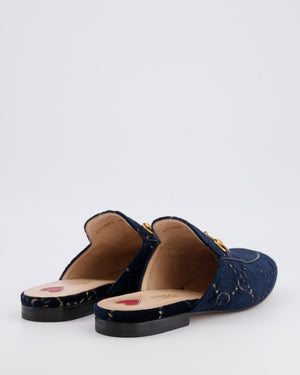 Gucci Navy Suede GG Embroidered Logo Mules with Gold Hardware Size EU 38
