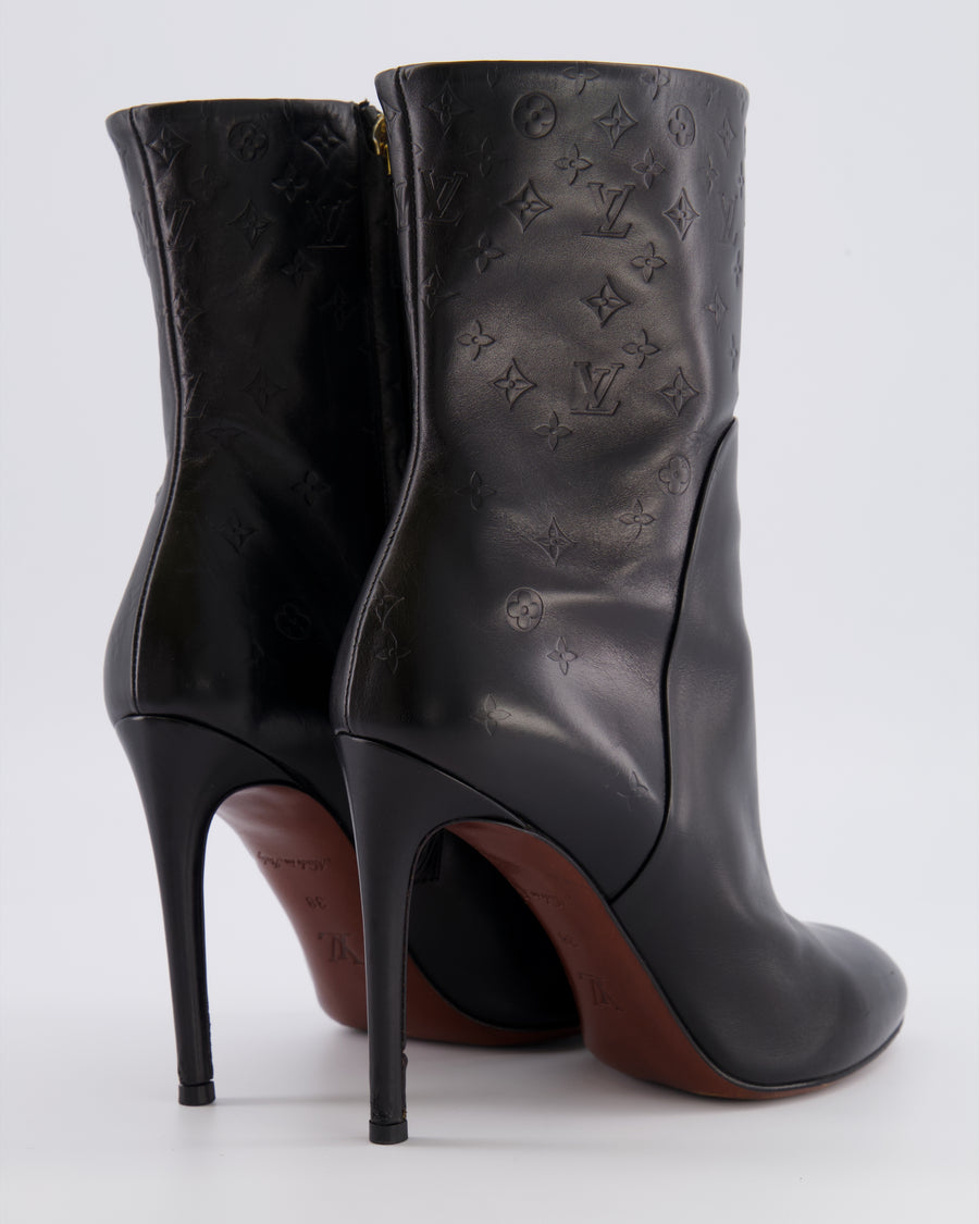 Louis Vuitton Black Leather Heeled Ankle Boots with Embossed Monogram Detail Size EU 38
