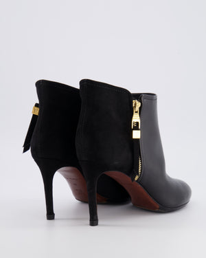 Lous Vuitton Black Leather and Suede Heeled Ankle Boots with Gold Logo Zip Detail Size EU 38