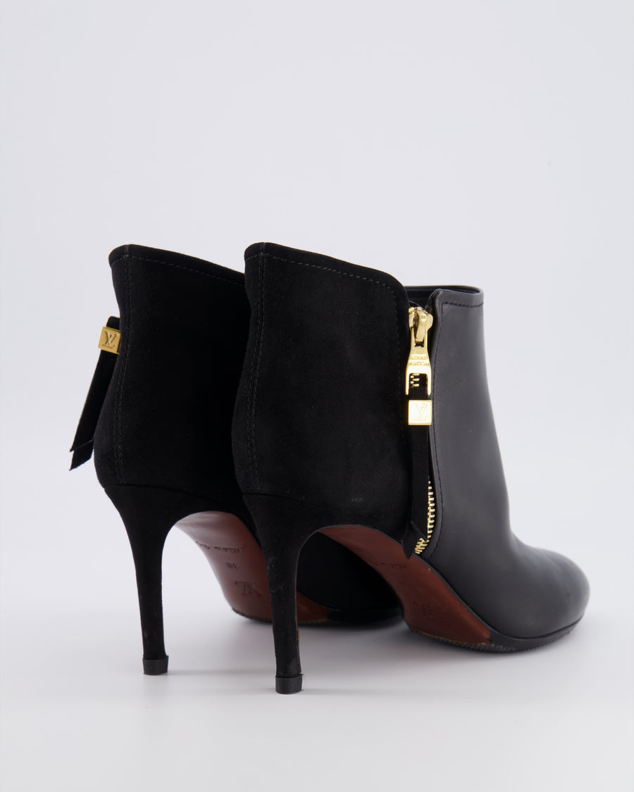 Lous Vuitton Black Leather and Suede Heeled Ankle Boots with Gold Logo Zip Detail Size EU 38