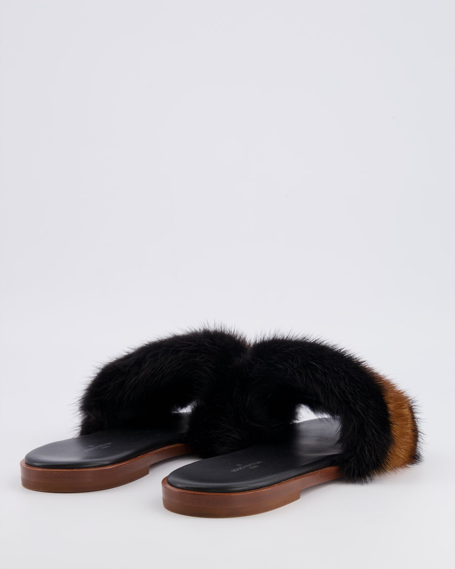 Louis Vuitton Brown and Black Mink Fur Slides with Gold Lock Detail EU 38
