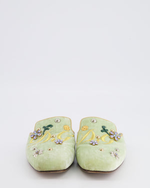 Dolce & Gabbana Pastel Green Velours Mules with Embroideries and Floral Crystal Embellishments Size EU 38.5