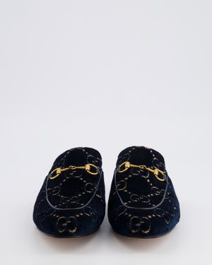 Gucci Navy Suede GG Embroidered Logo Mules with Gold Hardware Size EU 38