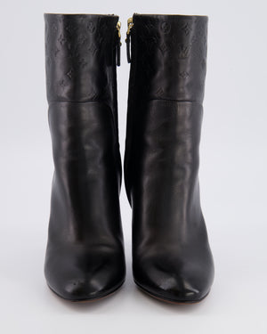 Louis Vuitton Black Leather Heeled Ankle Boots with Embossed Monogram Detail Size EU 38