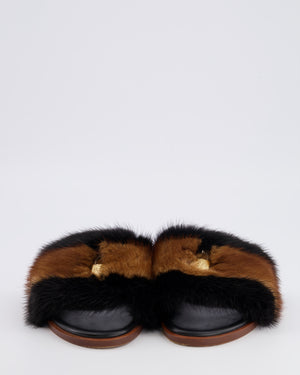 Louis Vuitton Brown and Black Mink Fur Slides with Gold Lock Detail EU 38