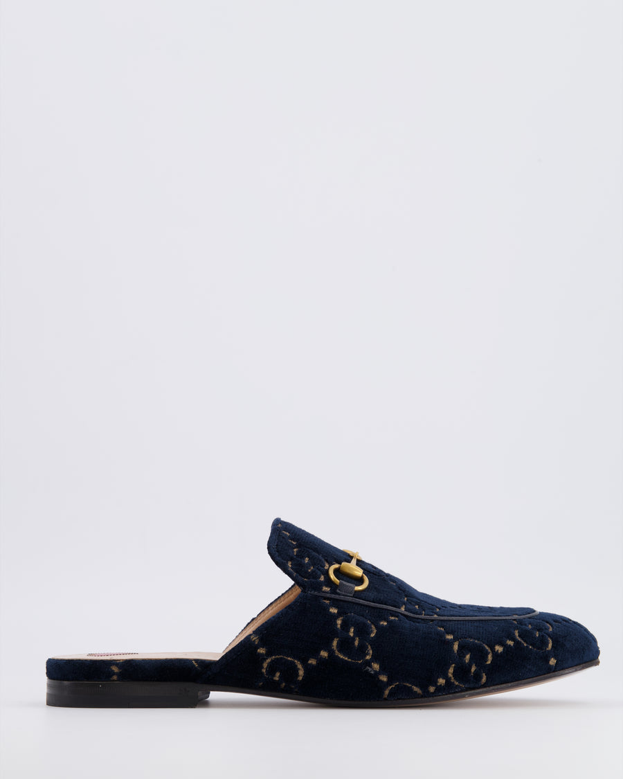 Gucci Navy Suede GG Embroidered Logo Mules with Gold Hardware Size EU 38