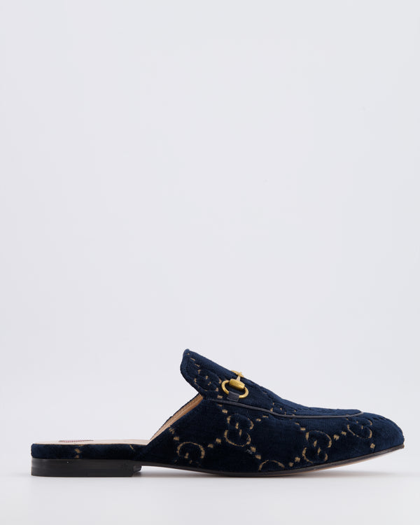 Gucci Navy Suede GG Embroidered Logo Mules with Gold Hardware Size EU 38