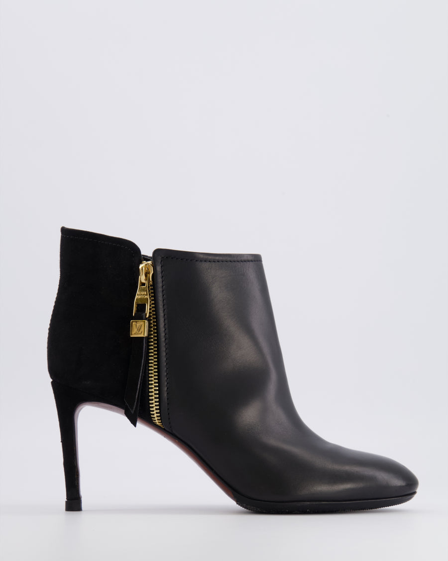 Lous Vuitton Black Leather and Suede Heeled Ankle Boots with Gold Logo Zip Detail Size EU 38