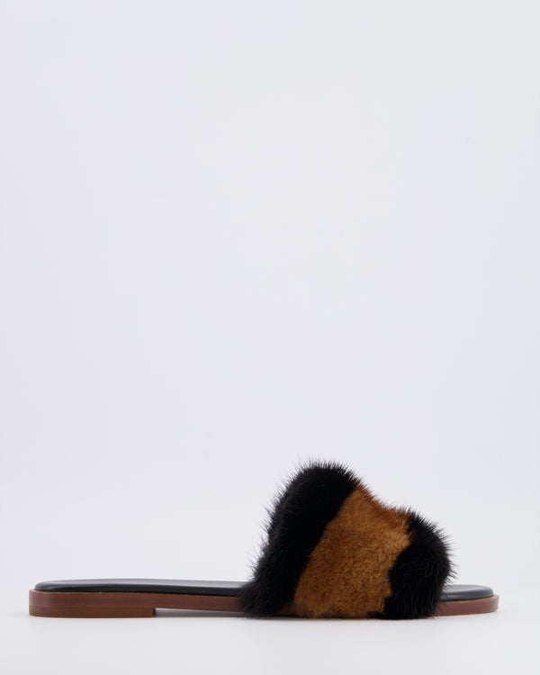 Louis Vuitton Brown and Black Mink Fur Slides with Gold Lock Detail EU 38