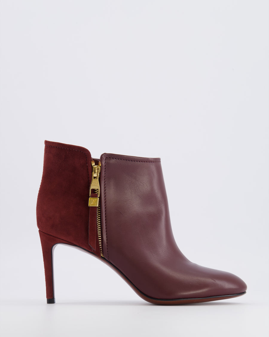 Louis Vuitton Burgundy Leather and Suede Heeled Ankle Boots with Gold Logo Zip Size EU 38