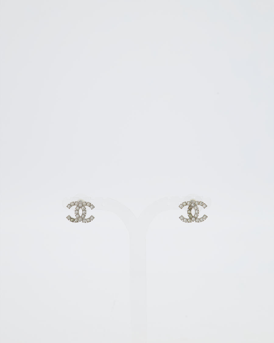 Chanel 21B Silver Small CC Earrings with Crystal Details
