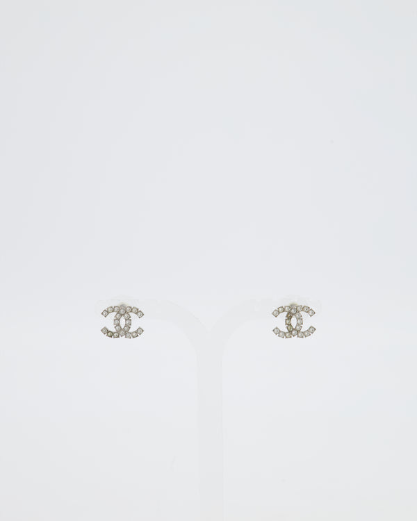 Chanel 21B Silver Small CC Earrings with Crystal Details