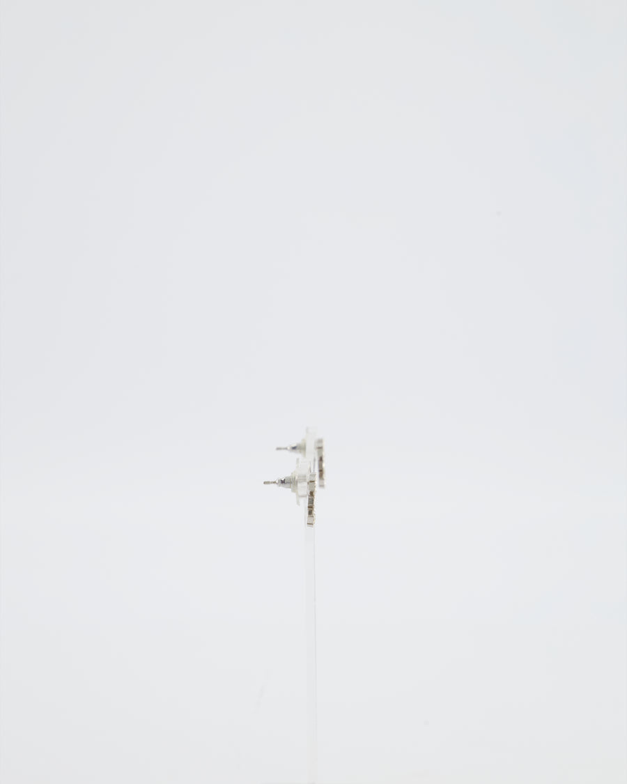 Chanel 21B Silver Small CC Earrings with Crystal Details