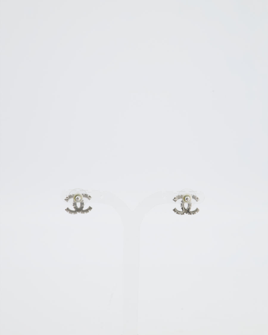 Chanel 21B Silver Small CC Earrings with Crystal Details
