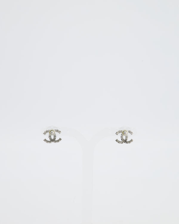 Chanel 21B Silver Small CC Earrings with Crystal Details