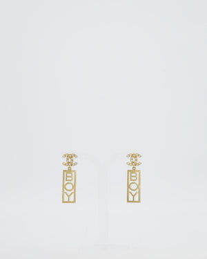 Chanel 22P Gold Crystal CC Earrings Drop BOY Pendant