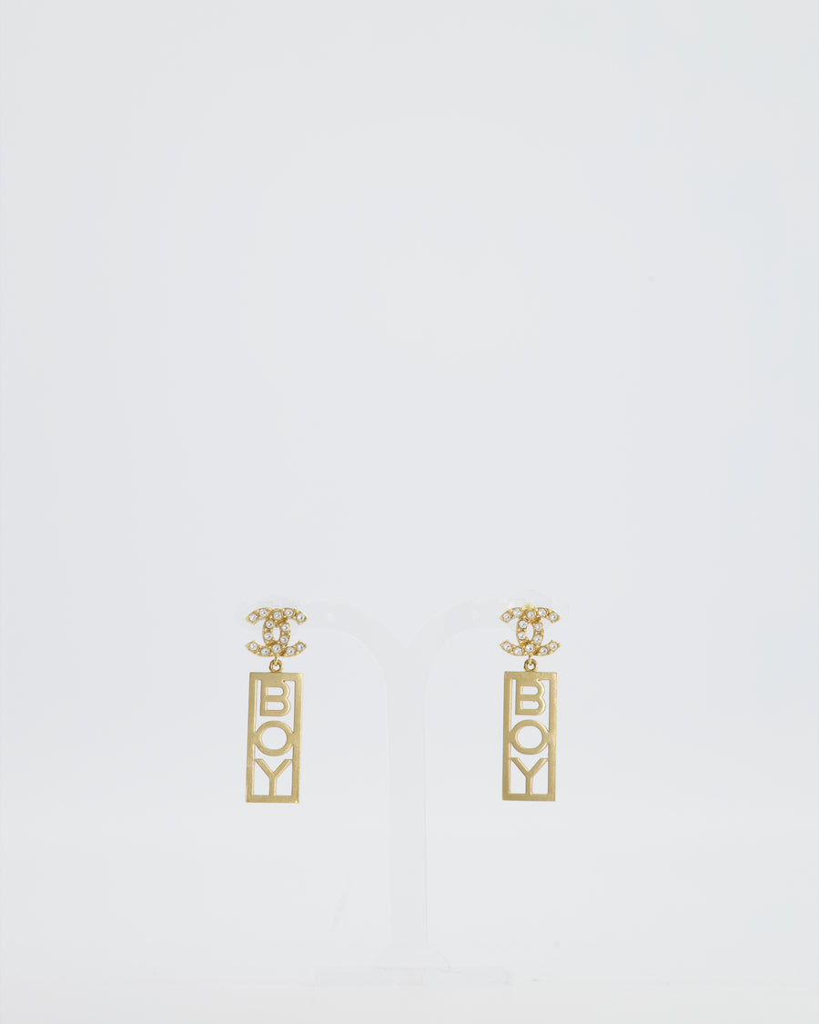 Chanel 22P Gold Crystal CC Earrings Drop BOY Pendant