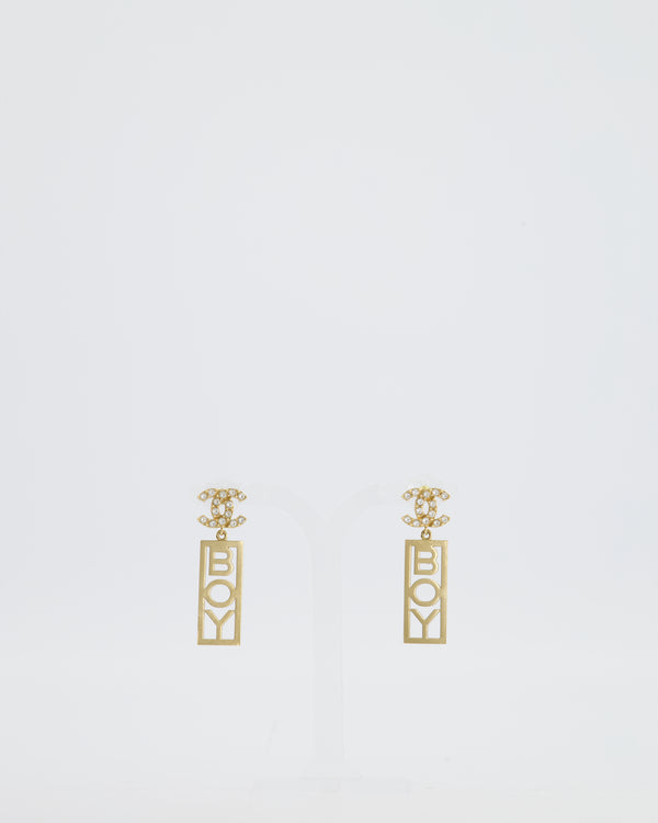 Chanel 22P Gold Crystal CC Earrings Drop BOY Pendant