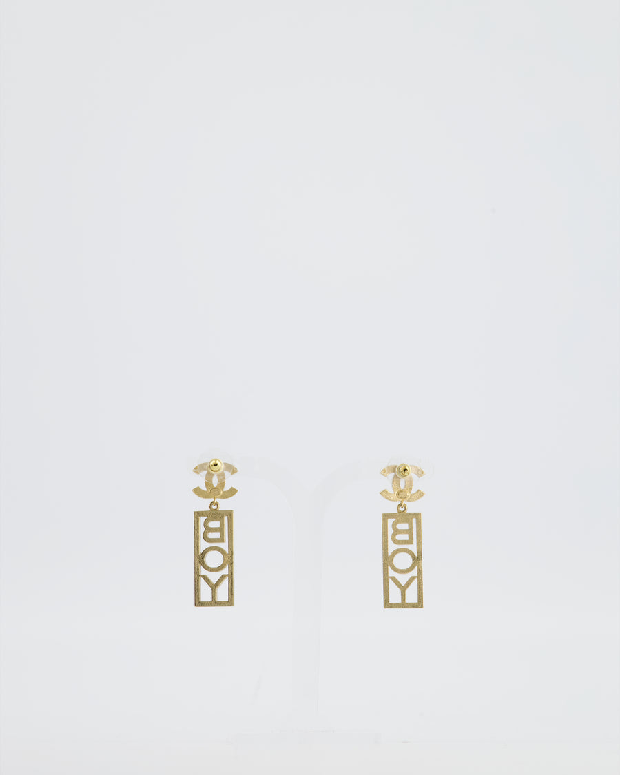 Chanel 22P Gold Crystal CC Earrings Drop BOY Pendant