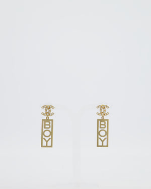 Chanel 22P Gold Crystal CC Earrings Drop BOY Pendant