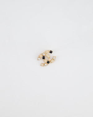 Chanel 10A Champagne Gold, Cream and Black CC Brooch with Silver Crystal Detail