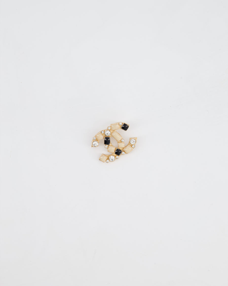 Chanel 10A Champagne Gold, Cream and Black CC Brooch with Silver Crystal Detail