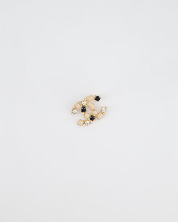Chanel 10A Champagne Gold, Cream and Black CC Brooch with Silver Crystal Detail