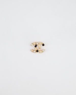 Chanel 10A Champagne Gold, Cream and Black CC Brooch with Silver Crystal Detail