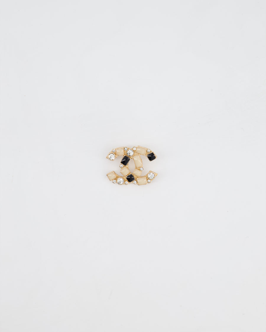 Chanel 10A Champagne Gold, Cream and Black CC Brooch with Silver Crystal Detail
