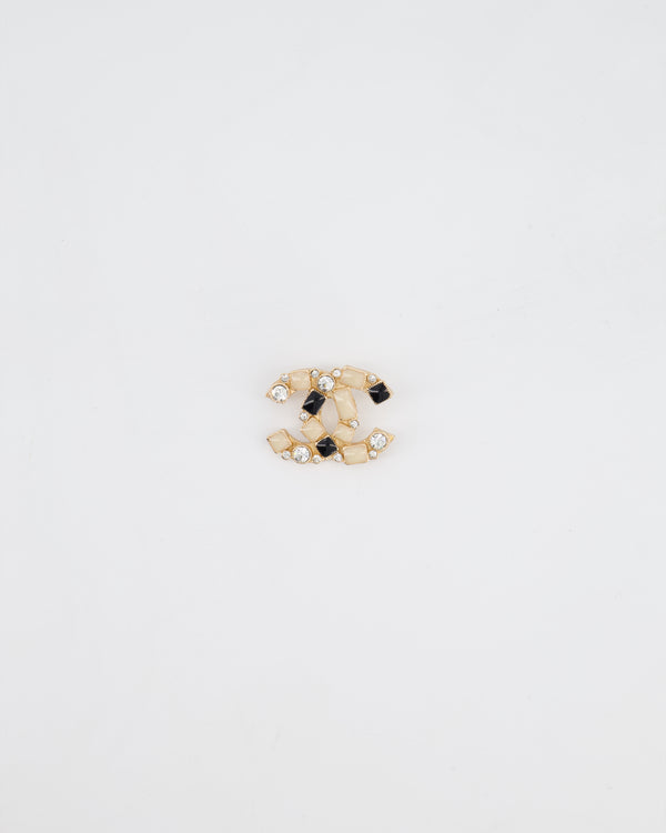 Chanel 10A Champagne Gold, Cream and Black CC Brooch with Silver Crystal Detail