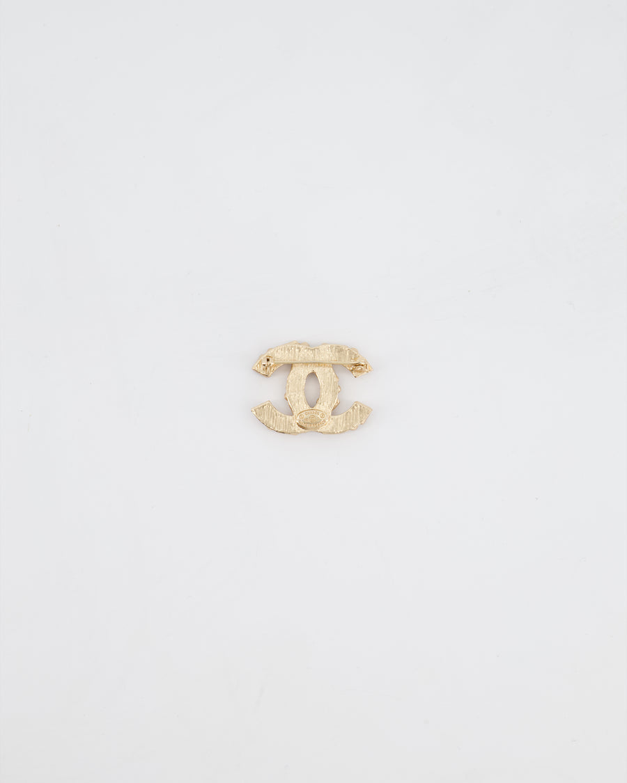 Chanel 10A Champagne Gold, Cream and Black CC Brooch with Silver Crystal Detail