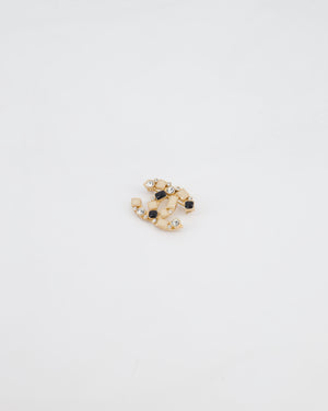 Chanel 10A Champagne Gold, Cream and Black CC Brooch with Silver Crystal Detail