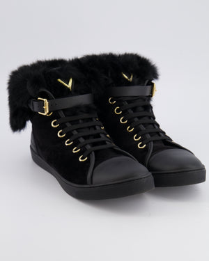 Louis Vuitton Black Suede Lace Up Sneakers with Fur Lining and Buckle Detail Size EU 38