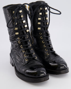 Chanel Black Distressed Leather Ankle Boots with Patent Leather Toe Cap Detail and CC Logo Size EU 38 C