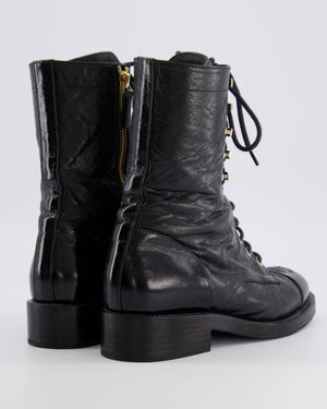 Chanel Black Distressed Leather Ankle Boots with Patent Leather Toe Cap Detail and CC Logo Size EU 38 C